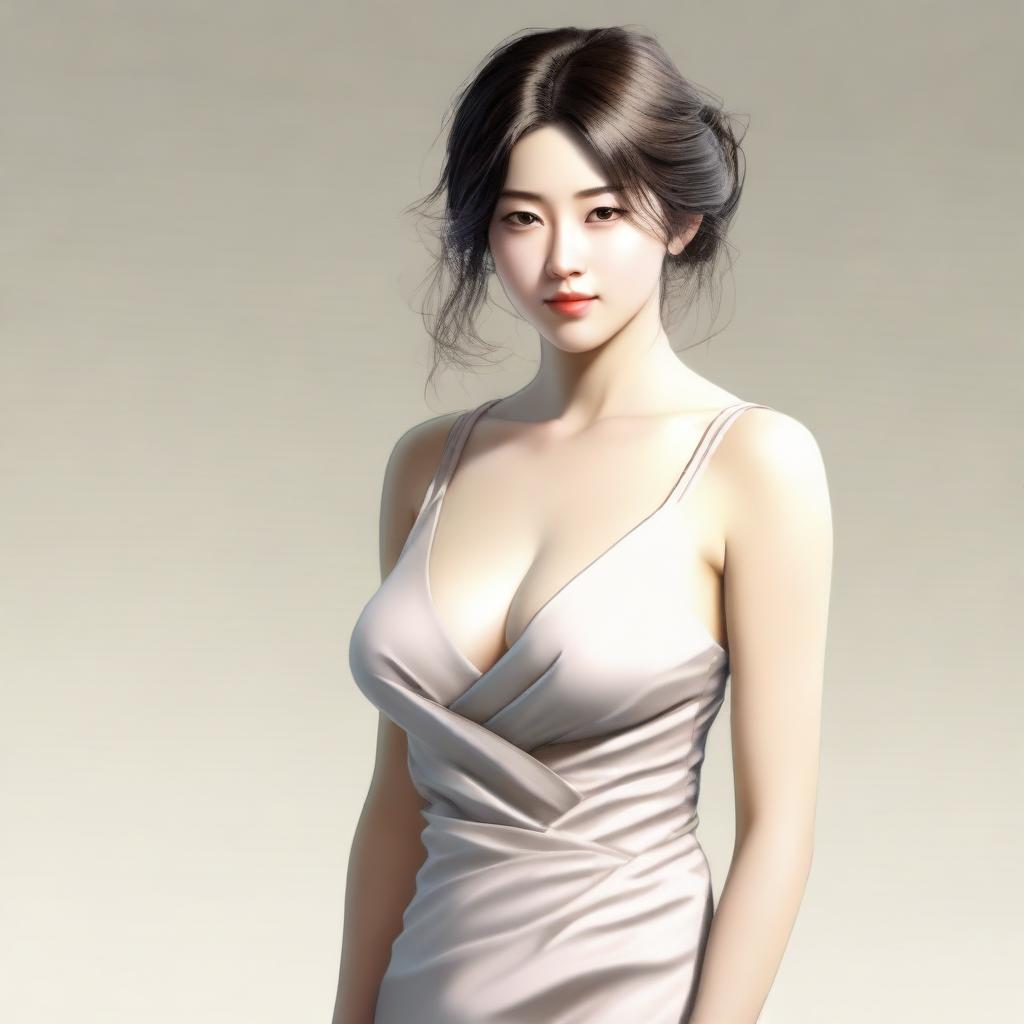 A realistic depiction of a Japanese woman with a slim waist and large breasts, wearing a casual low-cut dress