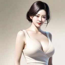 A realistic depiction of a Japanese woman with a slim waist and large breasts, wearing a casual low-cut dress