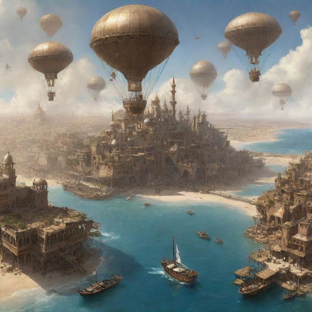 A conceptual sketch of Somalia infiltrated by steampunk elements, with intricately-constructed, steam-powered cities rising out of the arid landscapes, retrofitted sailing dhows cruising along the coast, and airships soaring over the ancient ruins.