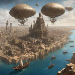 A conceptual sketch of Somalia infiltrated by steampunk elements, with intricately-constructed, steam-powered cities rising out of the arid landscapes, retrofitted sailing dhows cruising along the coast, and airships soaring over the ancient ruins.