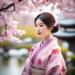 A beautiful Japanese woman in a traditional kimono, standing in a serene Japanese garden with cherry blossoms in full bloom