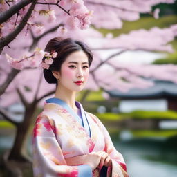 A beautiful Japanese woman in a traditional kimono, standing in a serene Japanese garden with cherry blossoms in full bloom