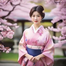 A beautiful Japanese woman in a traditional kimono, standing in a serene Japanese garden with cherry blossoms in full bloom