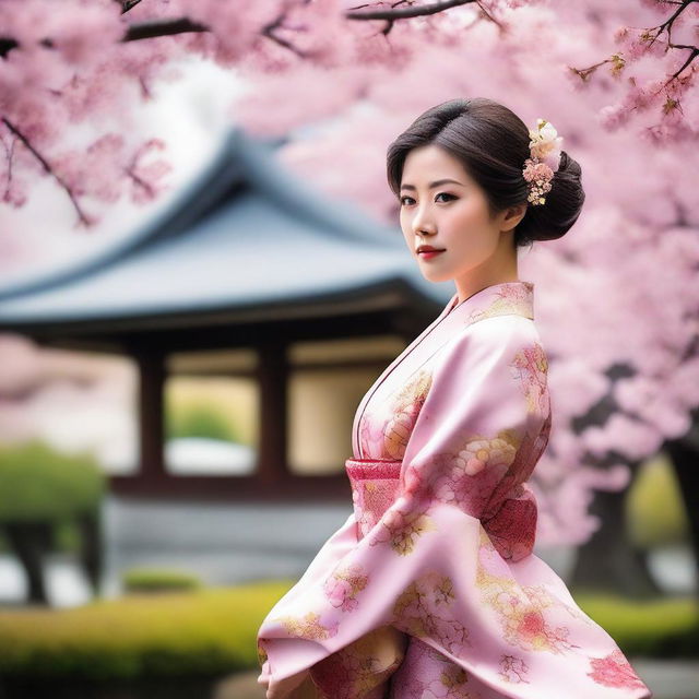 A beautiful Japanese woman in a traditional kimono, standing in a serene Japanese garden with cherry blossoms in full bloom