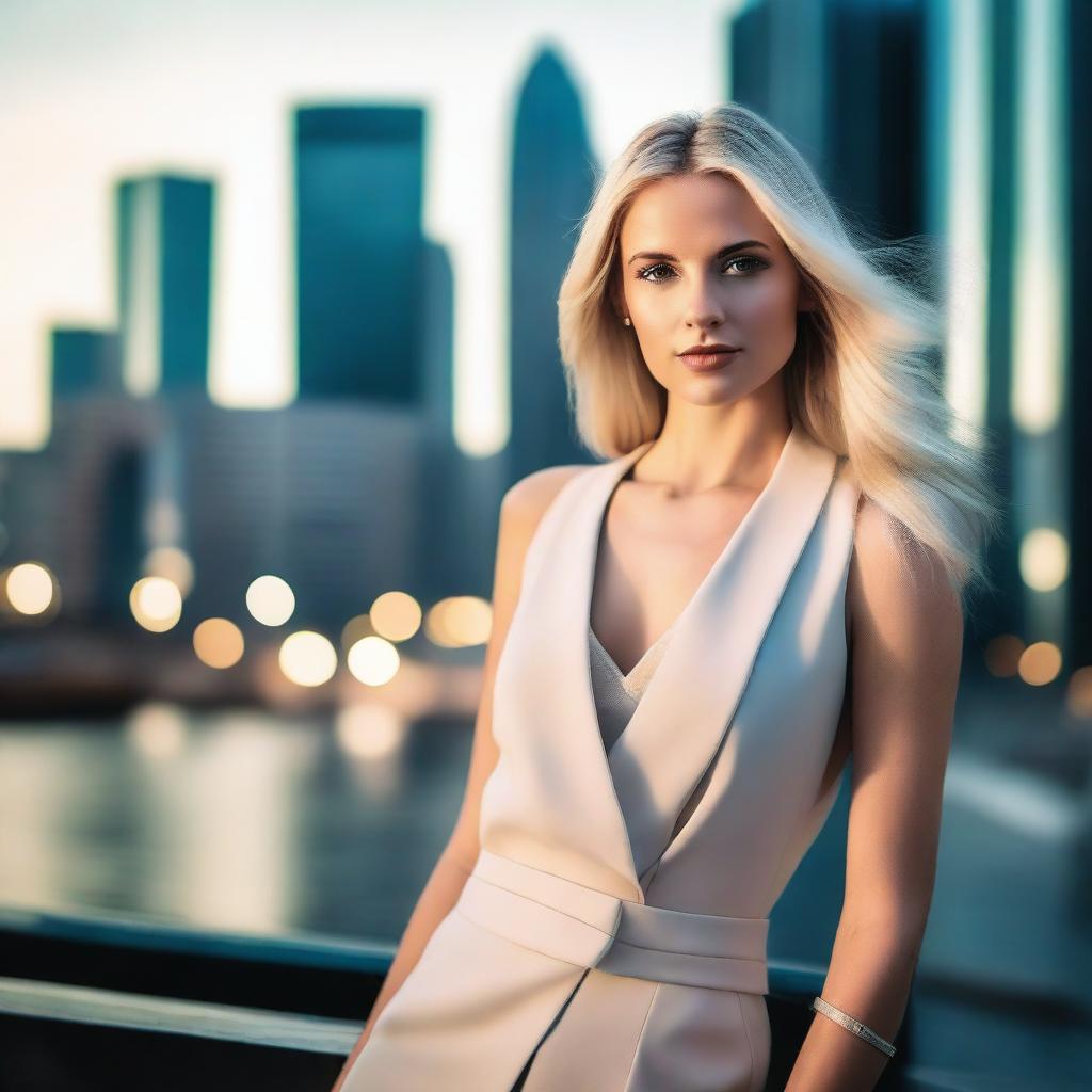 A stunning blonde woman in a fashionable outfit, posing confidently in a modern urban setting