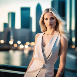 A stunning blonde woman in a fashionable outfit, posing confidently in a modern urban setting