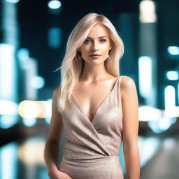 A stunning blonde woman in a fashionable outfit, posing confidently in a modern urban setting