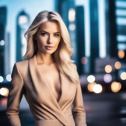 A stunning blonde woman in a fashionable outfit, posing confidently in a modern urban setting