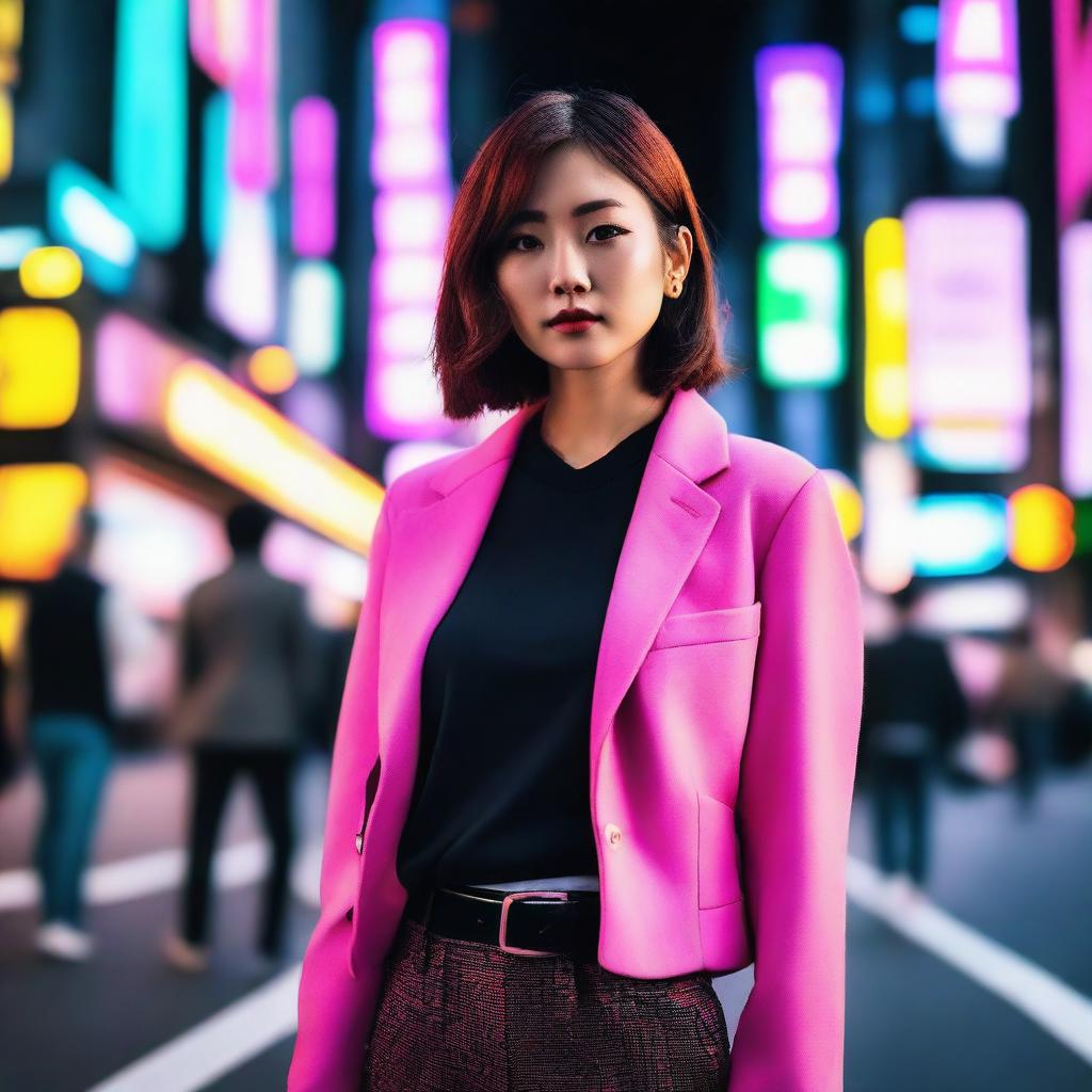 A stylish woman from Tokyo, dressed in trendy attire, standing in a bustling city street