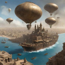 A conceptual sketch of Somalia infiltrated by steampunk elements, with intricately-constructed, steam-powered cities rising out of the arid landscapes, retrofitted sailing dhows cruising along the coast, and airships soaring over the ancient ruins.