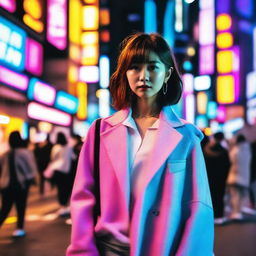 A stylish woman from Tokyo, dressed in trendy attire, standing in a bustling city street