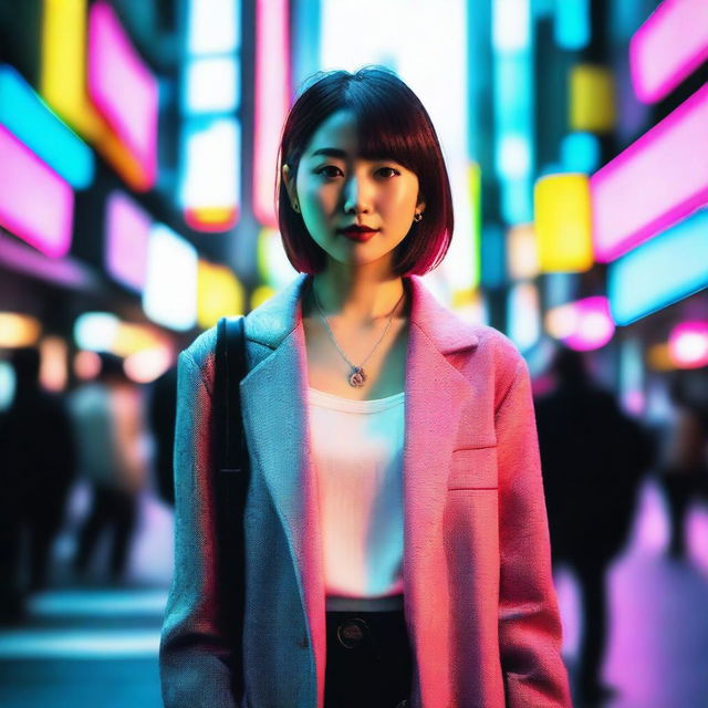 A stylish woman from Tokyo, dressed in trendy attire, standing in a bustling city street