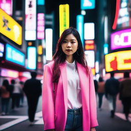 A stylish woman from Tokyo, dressed in trendy attire, standing in a bustling city street