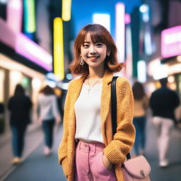 A fashionable teenage woman from Tokyo, dressed in trendy attire, smiling as she heads out for a date