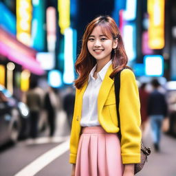 A fashionable teenage woman from Tokyo, dressed in trendy attire, smiling as she heads out for a date