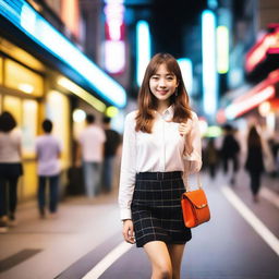 A fashionable teenage woman from Tokyo, dressed in trendy attire, smiling as she heads out for a date