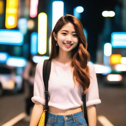 A fashionable teenage woman from Tokyo, dressed in trendy attire, smiling as she heads out for a date