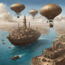 A conceptual sketch of Somalia infiltrated by steampunk elements, with intricately-constructed, steam-powered cities rising out of the arid landscapes, retrofitted sailing dhows cruising along the coast, and airships soaring over the ancient ruins.