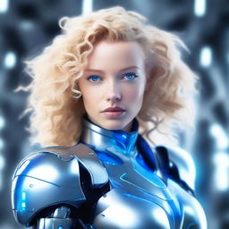 Create an image of a blonde woman with curly hair and blue eyes, wearing futuristic robot armor