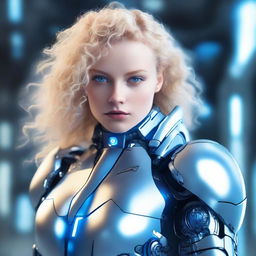 Create an image of a blonde woman with curly hair and blue eyes, wearing futuristic robot armor