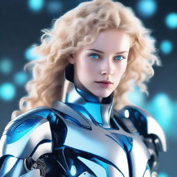 Create an image of a blonde woman with curly hair and blue eyes, wearing futuristic robot armor