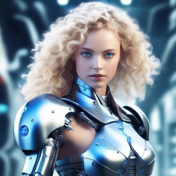 Create an image of a blonde woman with curly hair and blue eyes, wearing futuristic robot armor