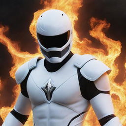 The Ghost Rider character wearing a gleaming white Power Ranger helmet, surrounded by spectral flames.