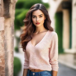 A beautiful young woman with striking features, wearing fashionable clothing, standing in a picturesque setting with a confident and alluring expression