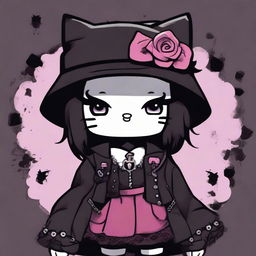 A Hello Kitty character with a goth aesthetic, featuring dark clothing, black lipstick, and a moody background