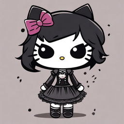 A Hello Kitty character with a goth aesthetic, featuring dark clothing, black lipstick, and a moody background