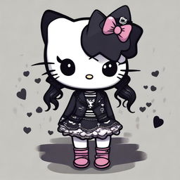 A Hello Kitty character with a goth aesthetic, featuring dark clothing, black lipstick, and a moody background