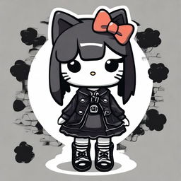 A Hello Kitty character with a goth aesthetic, featuring dark clothing, black lipstick, and a moody background