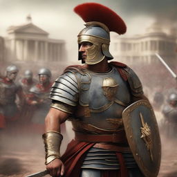 A detailed depiction of a Roman legionnaire, wearing traditional armor including a helmet, shield, and short sword