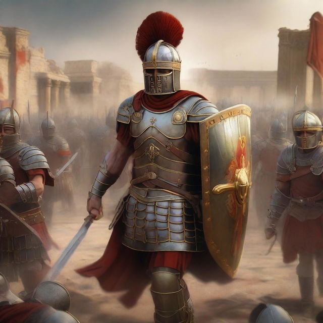 A detailed depiction of a Roman legionnaire, wearing traditional armor including a helmet, shield, and short sword