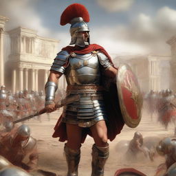 A detailed depiction of a Roman legionnaire, wearing traditional armor including a helmet, shield, and short sword