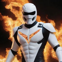 The Ghost Rider character wearing a gleaming white Power Ranger helmet, surrounded by spectral flames.