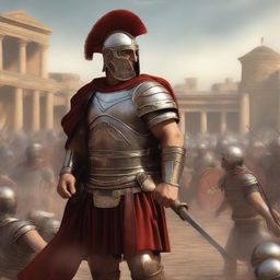 A detailed depiction of a Roman legionnaire, wearing traditional armor including a helmet, shield, and short sword