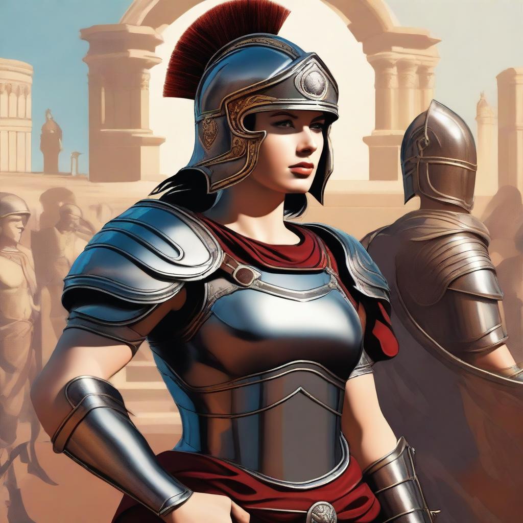 A stylized depiction of a female Roman legionnaire, wearing an attractive yet historically inspired armor, including a helmet, shield, and short sword