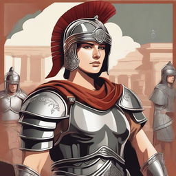 A stylized depiction of a female Roman legionnaire, wearing an attractive yet historically inspired armor, including a helmet, shield, and short sword