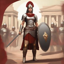 A stylized depiction of a female Roman legionnaire, wearing an attractive yet historically inspired armor, including a helmet, shield, and short sword