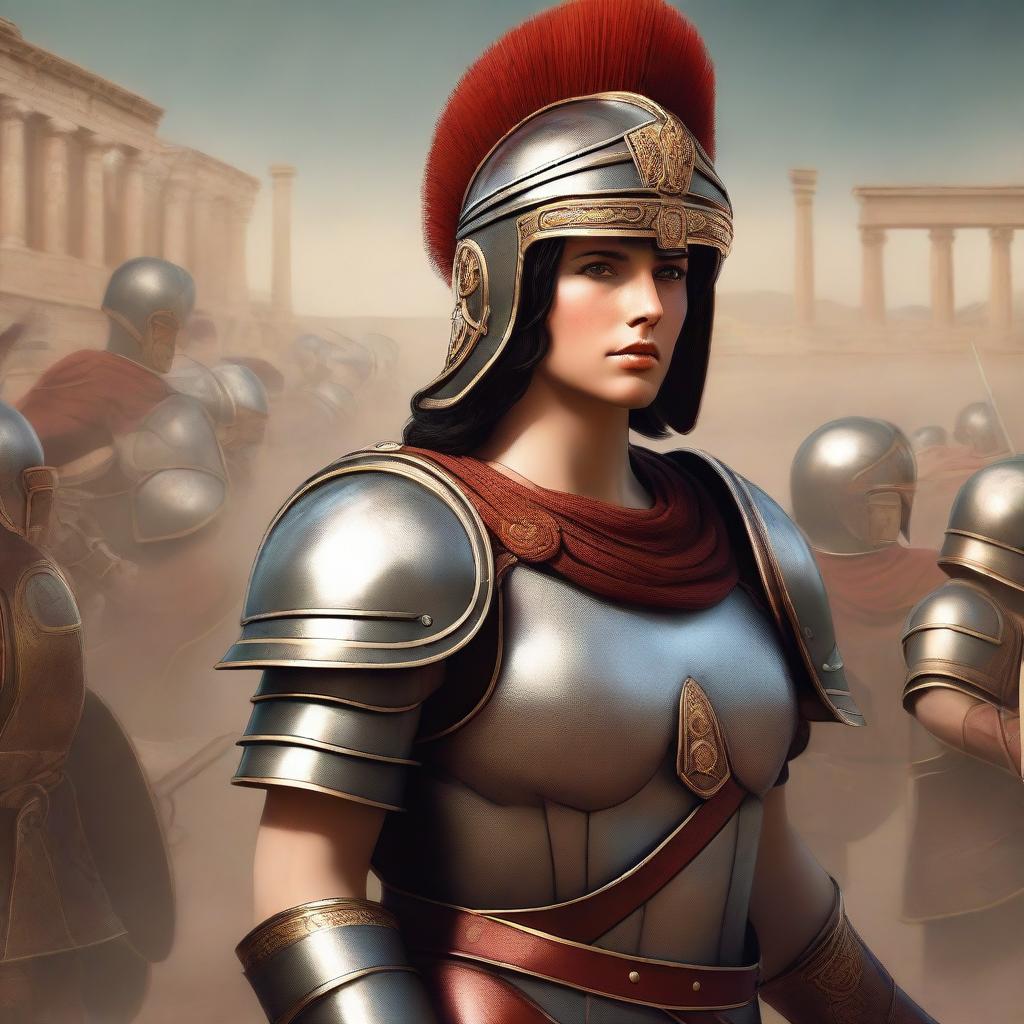 A stylized depiction of a female Roman legionnaire, wearing an attractive yet historically inspired armor, including a helmet, shield, and short sword