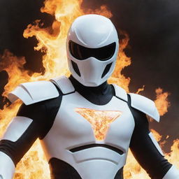 The Ghost Rider character wearing a gleaming white Power Ranger helmet, surrounded by spectral flames.