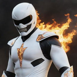 The Ghost Rider character wearing a gleaming white Power Ranger helmet, surrounded by spectral flames.