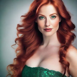 A 33-year-old woman with long red hair, fair skin, large expressive emerald green eyes, a small French nose, full lips, and a curvy yet toned physique