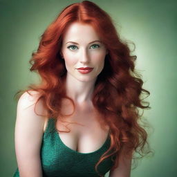 A 33-year-old woman with long red hair, fair skin, large expressive emerald green eyes, a small French nose, full lips, and a curvy yet toned physique