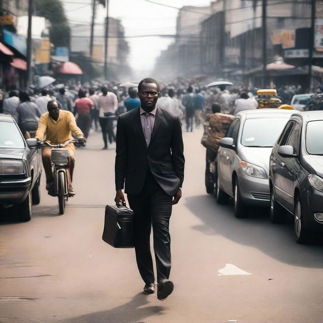 A black man in a black suit carrying a briefcase is weaving through human traffic on a busy Lagos street in Nigeria