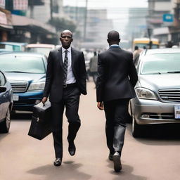 A black man in a black suit carrying a briefcase is weaving through human traffic on a busy Lagos street in Nigeria