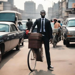 A black man in a black suit carrying a briefcase is weaving through human traffic on a busy Lagos street in Nigeria