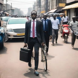 A black man in a black suit carrying a briefcase is weaving through human traffic on a busy Lagos street in Nigeria