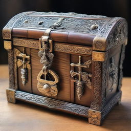 A detailed image of a treasure chest made of wood and metal, adorned with intricate carvings and a large lock